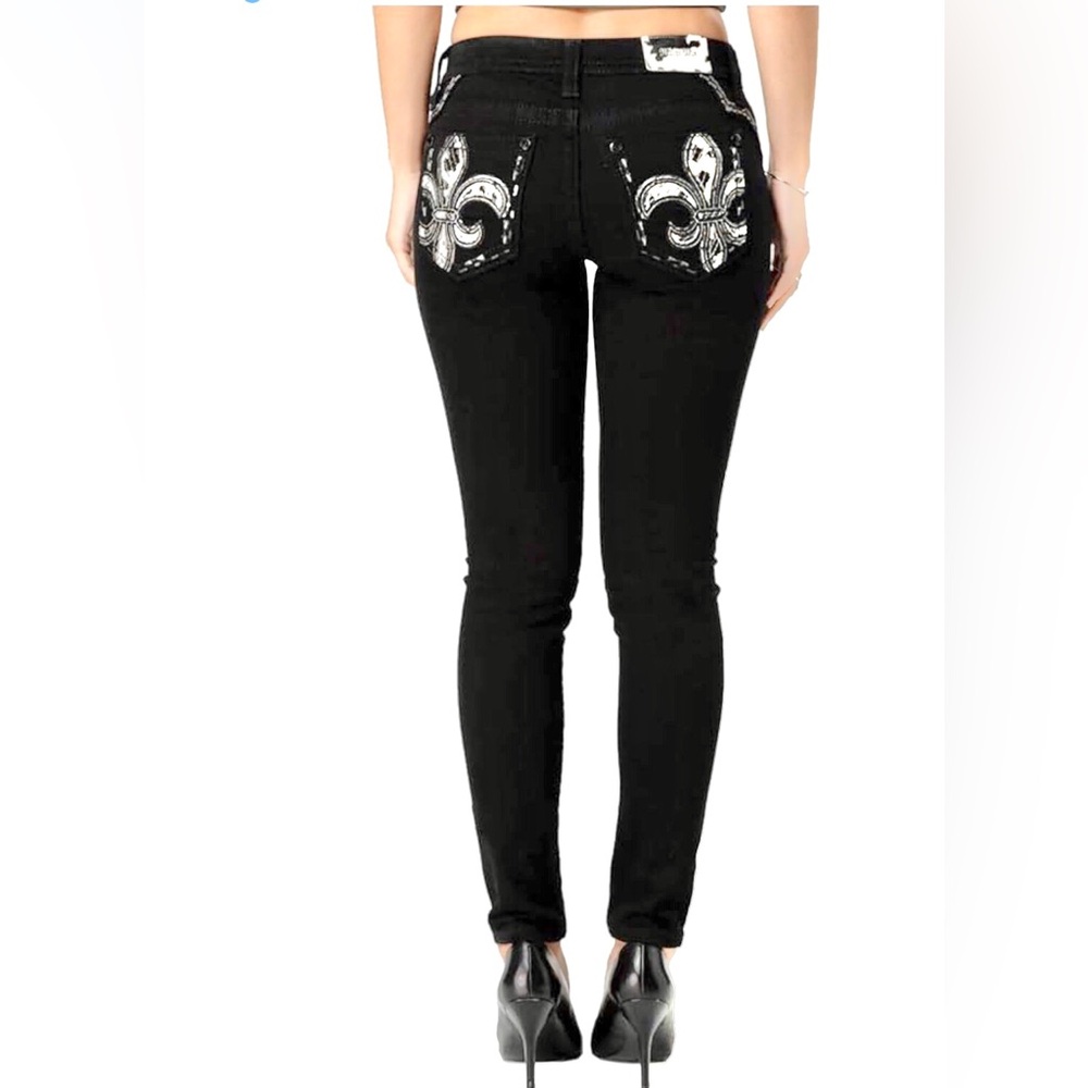 Miss Me Women's Fleur de Lis Saddle Stitch Black MidRise Skinny Jeans size 30x29